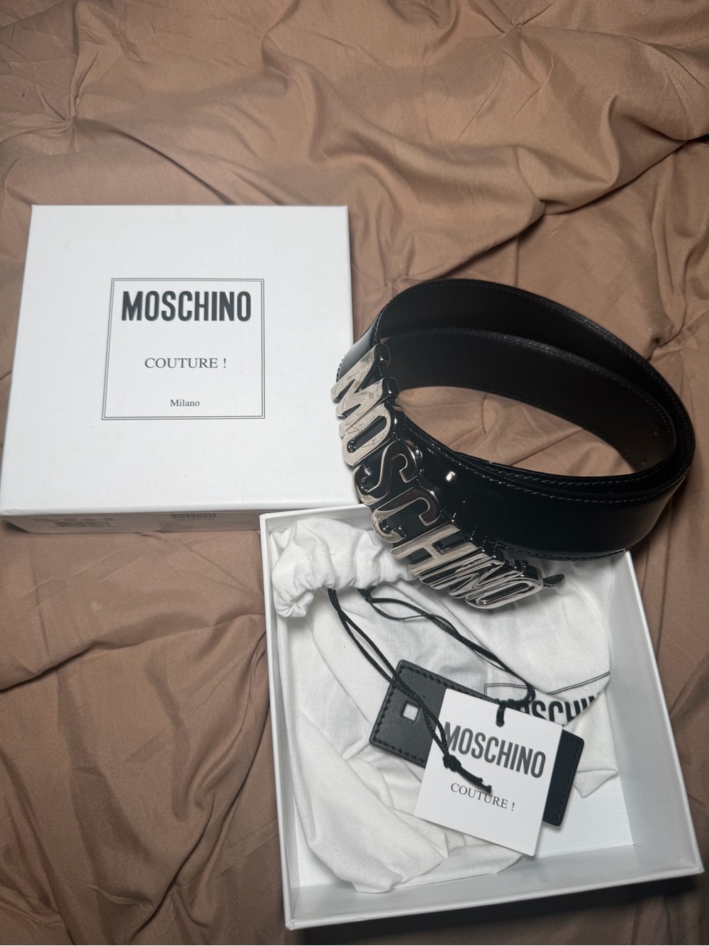 Moschino Black Patent Logo Belt with Silver MOSCHINO Buckle